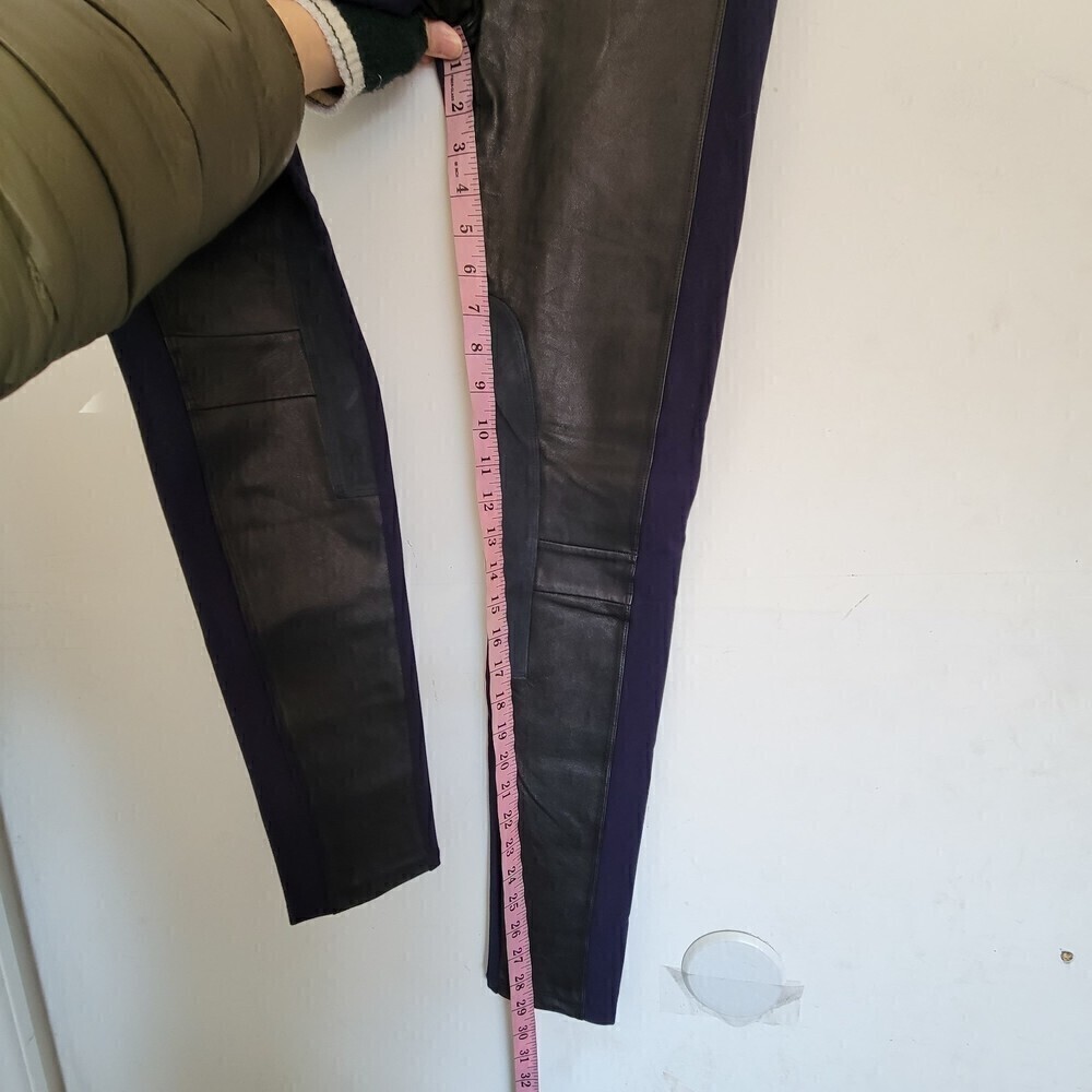 Sandro Velvet Blue Black Cuir Vachette Leather Panel Long Legging Pants Size 0 - Picture 9 of 13